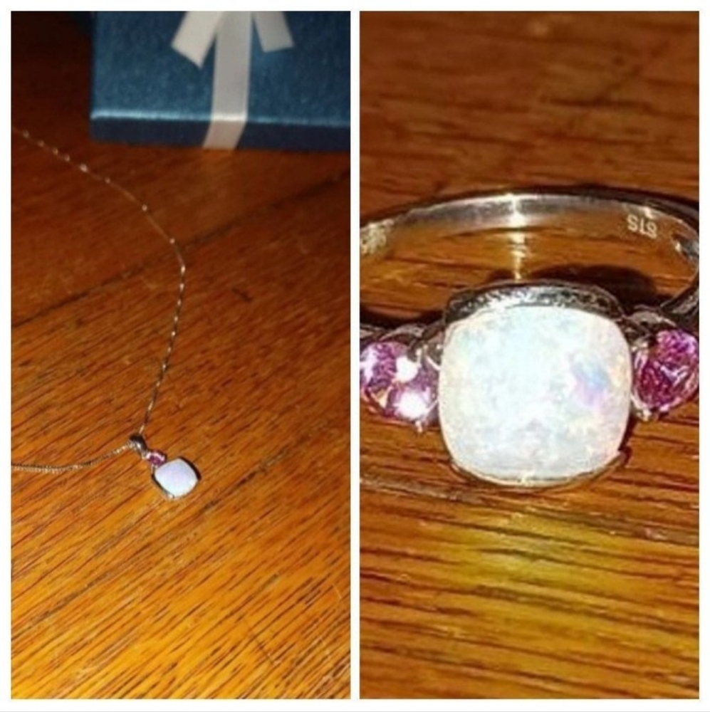 Pink Sapphire Opal 925 Sterling Silver Necklace Ring Set NEW